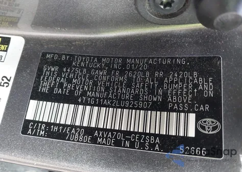 2020 Toyota Camry Se z USA, uszkodzony, nr VIN 4T1G11AK2LU925907